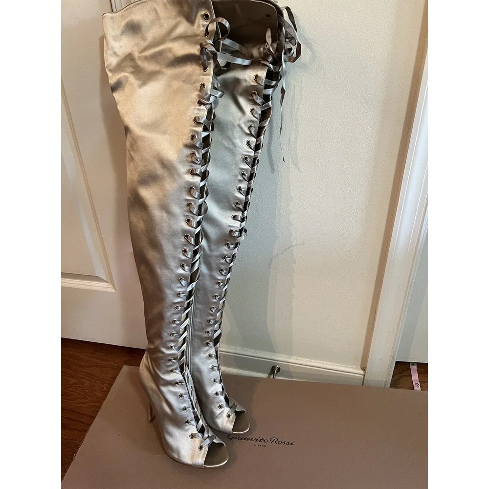NEW Gianvito Rossi Marie Satin Lace Up Over the Knee Thigh High Boots Sz 40